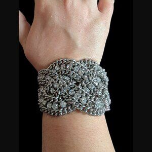 Stella And Dot Silver Tone Chunky Woven Multistrand Rhinestone Chunky Size 6.75